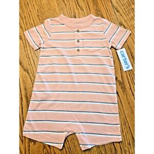 Carters Baby Boy 12 Month 1-Piece Short Sleeve Henley Romper Coral/Blue Stripe